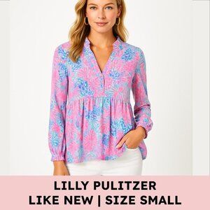 Lilly Pulitzer Babydoll Peplum Tunic, Multi Pink/Blue Reef Print (S) V-Neck